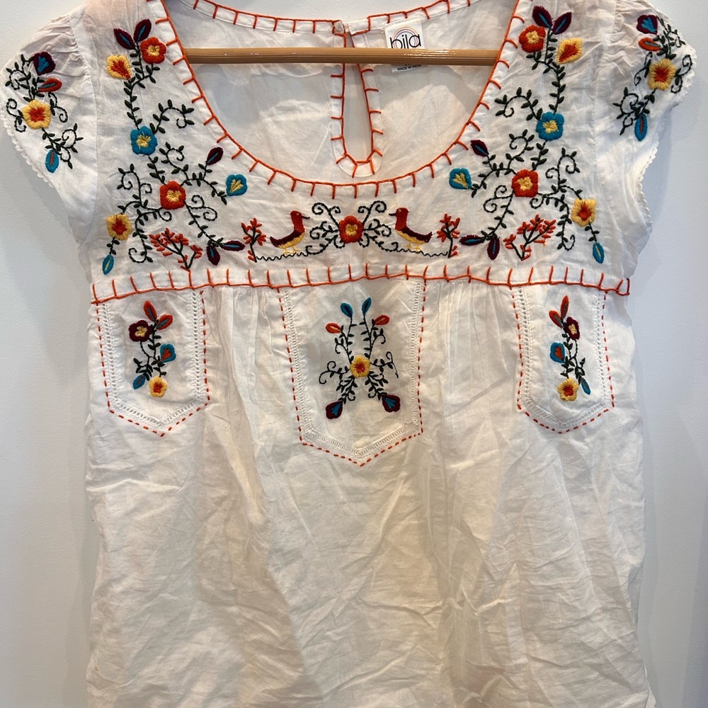 Bila White Cotton Blouse with Colorful Floral Embroidery